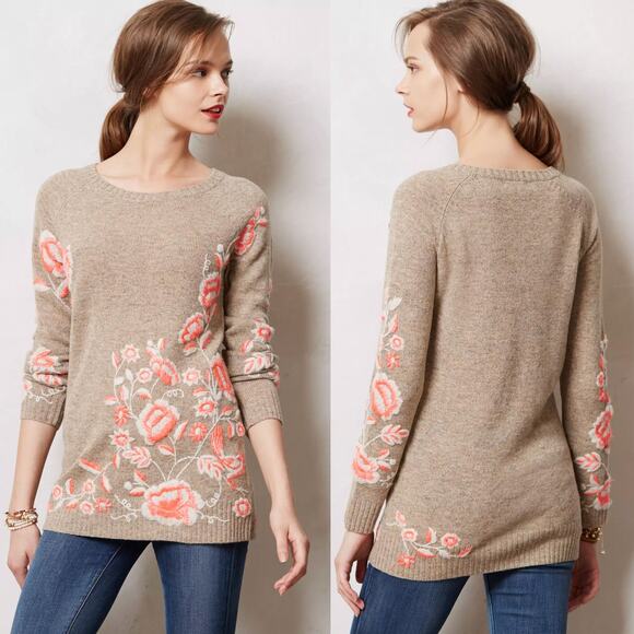 ANTHROPOLOGIE Embroidered Ranunculus Wool Blend Tunic Sweater in Multi Size M - Picture 2 of 13